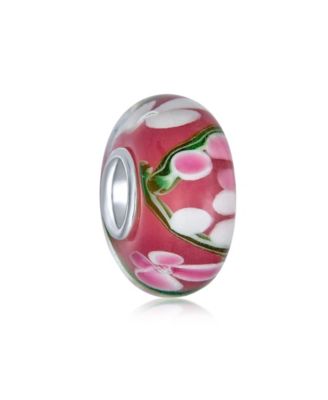 Set of 4 Pink Red Floral Hibiscus Glass Charm Bead Silver for European Bracelet