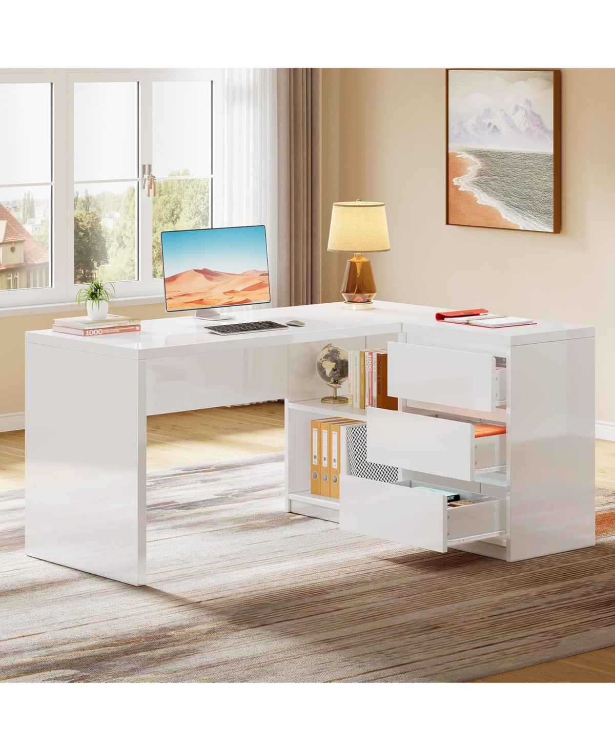 Tribesigns L-Shaped Executive Office Desk, Computer Desk with 3 Drawers, Modern Corner Home Office Executive Desk with Led Lights and 2 Storage Shelve