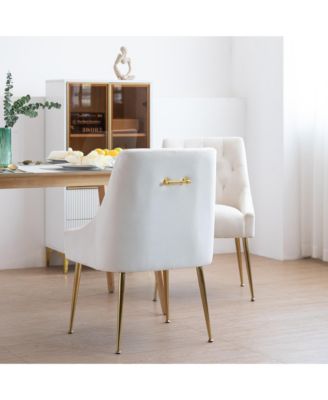 Modern Velvet Upholstered Dining Chairs Set of 2, Mid Century Side Chairs with 5.12” Cushions and Back Pull Rod for Kitchen, Living Room