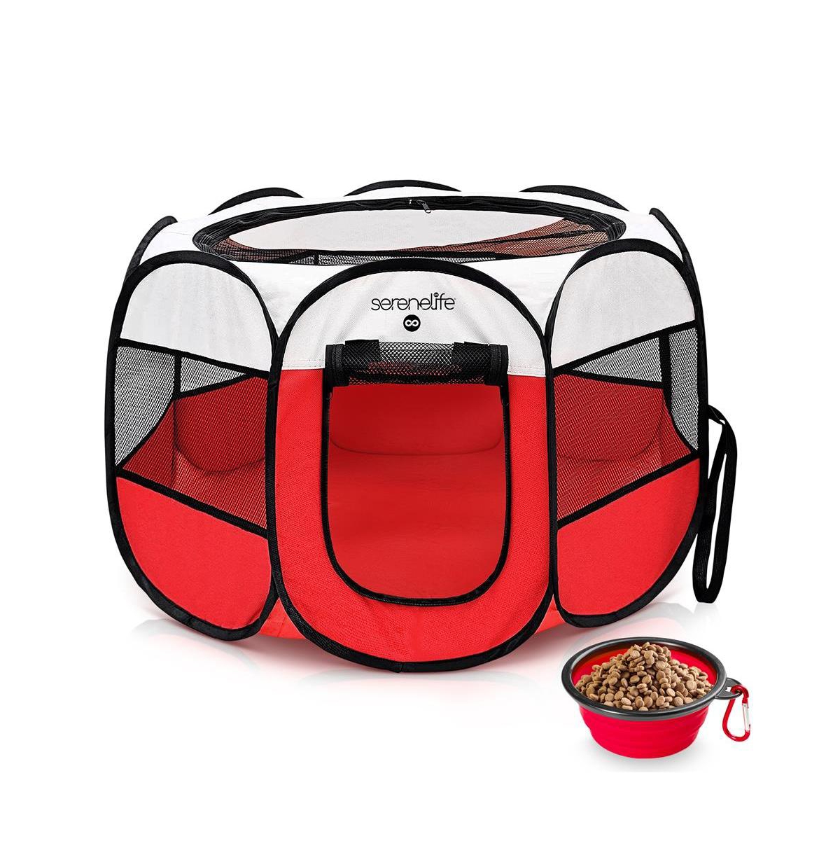 Medium Portable & Foldable Pet Tent with Travel Bowl, Red - Red