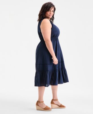 Plus Size V-Neck Sleeveless Lace-Inset Midi Dress