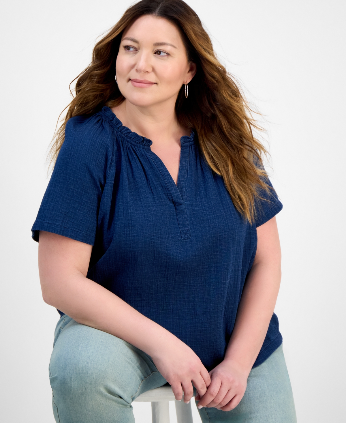 Style & Co Plus Size Short Sleeve V-neck Top, Exclusively At Macy's In Blue