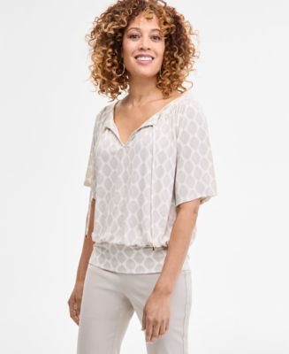 売れ筋商品|||ジェイエムコレクション カットソー トップス レディース Women's Printed Split-Neck Banded Bottom Top, Exclusively at Macy's Stonewall Combo JM Collection Women's Split-Neck Banded Bottom Top