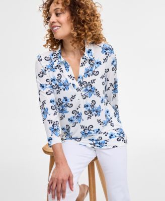 Women's Printed Collared 3/4-Sleeve Top, Exclusively at Macy's
