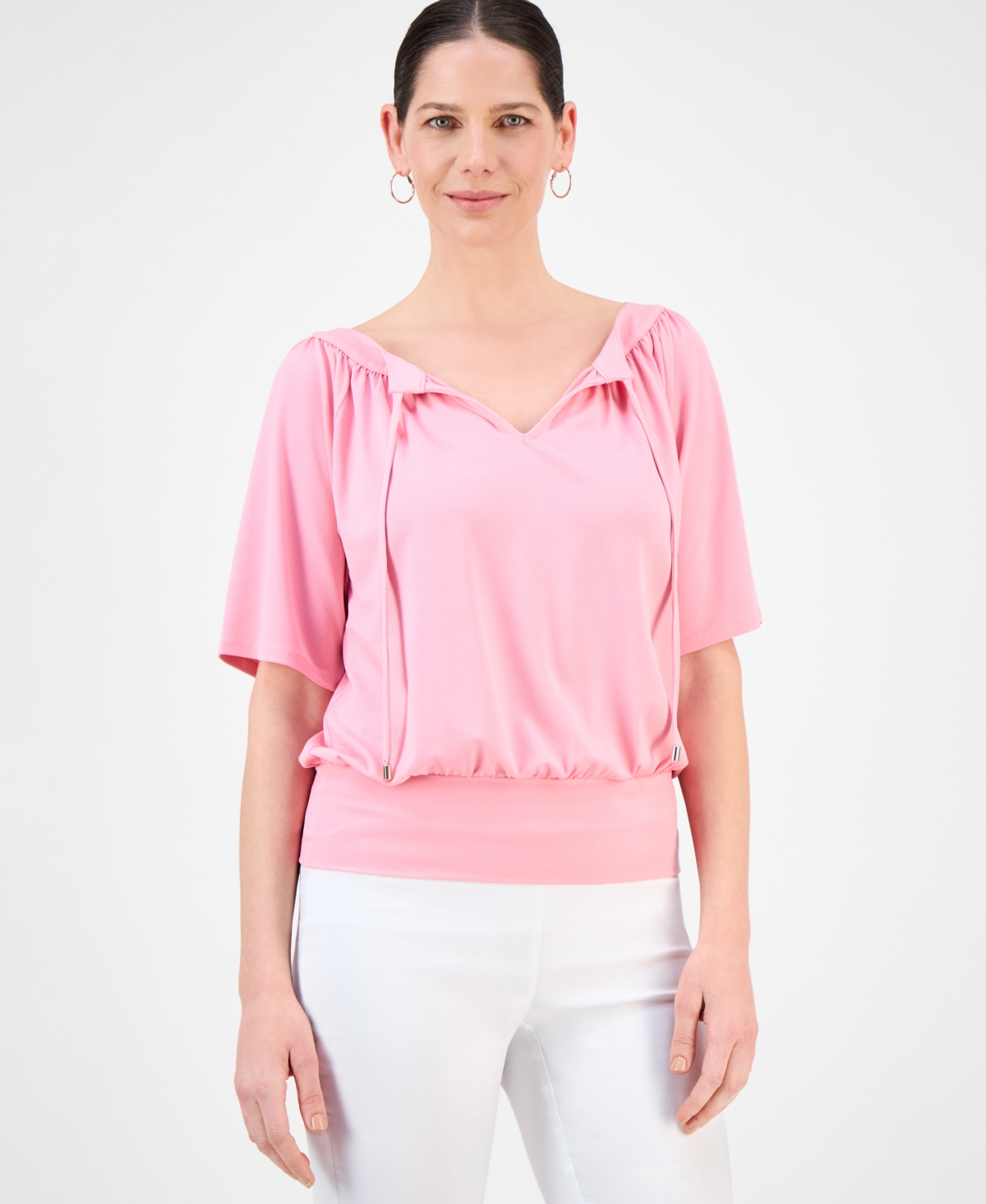 Women's Split-Neck Elbow-Sleeve Top, Exclusively at Macy's - Peony Twinkle