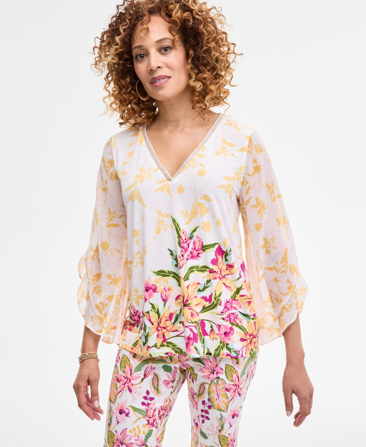 Women's Printed Embellished V-Neck Ruffle-Sleeve Top, Exclusively at Macy's - Sicilian Orange Combo