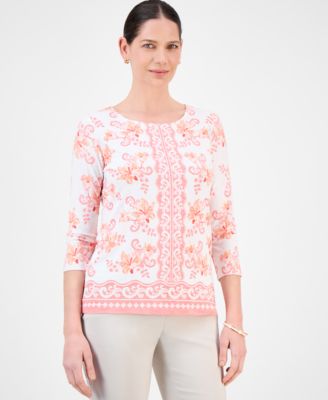 JM Collection - Women's Printed Jacquard 3/4-Sleeve Top, Exclusively at Macy's