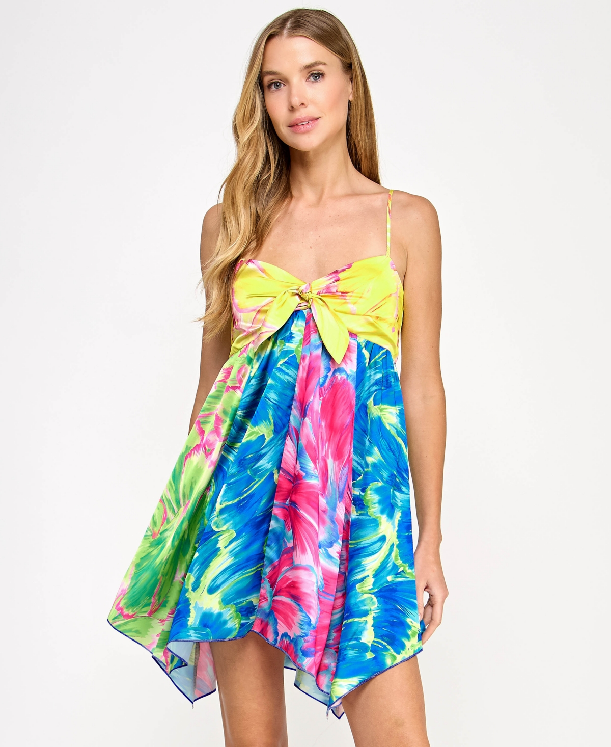 Juniors' Printed Tie-Front Fit & Flare Dress - Yellow