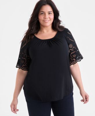 Style & Co - Plus Size Crewneck Eyelet-Short-Sleeve Top