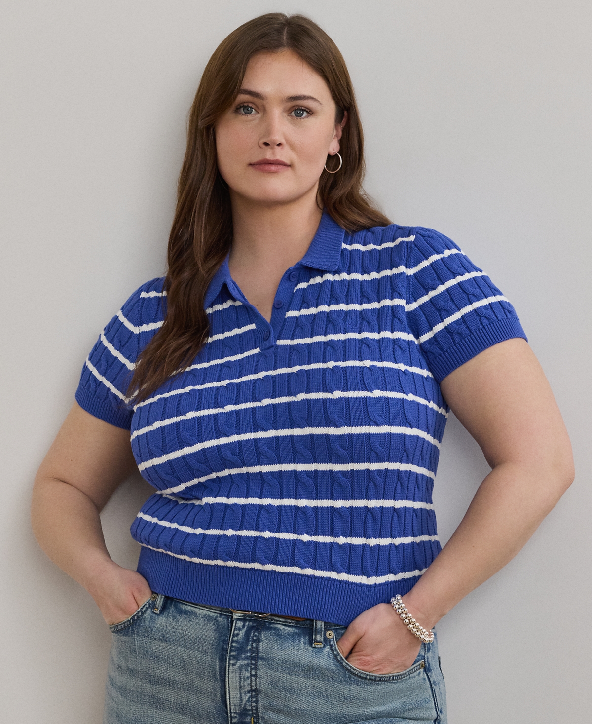 Plus Size Striped Cable-Knit Cotton Polo Sweater - Blue Lapis White