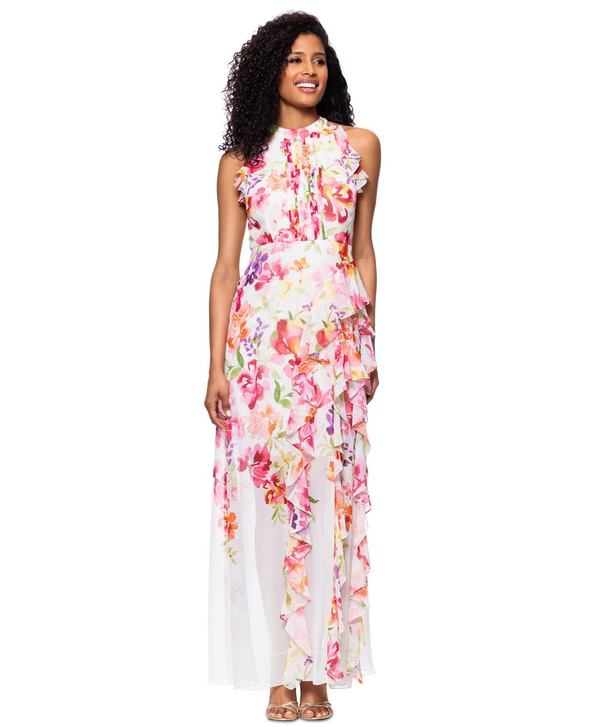 Women's Floral Print Ruffled Sleeveless Gown - Pink Multi