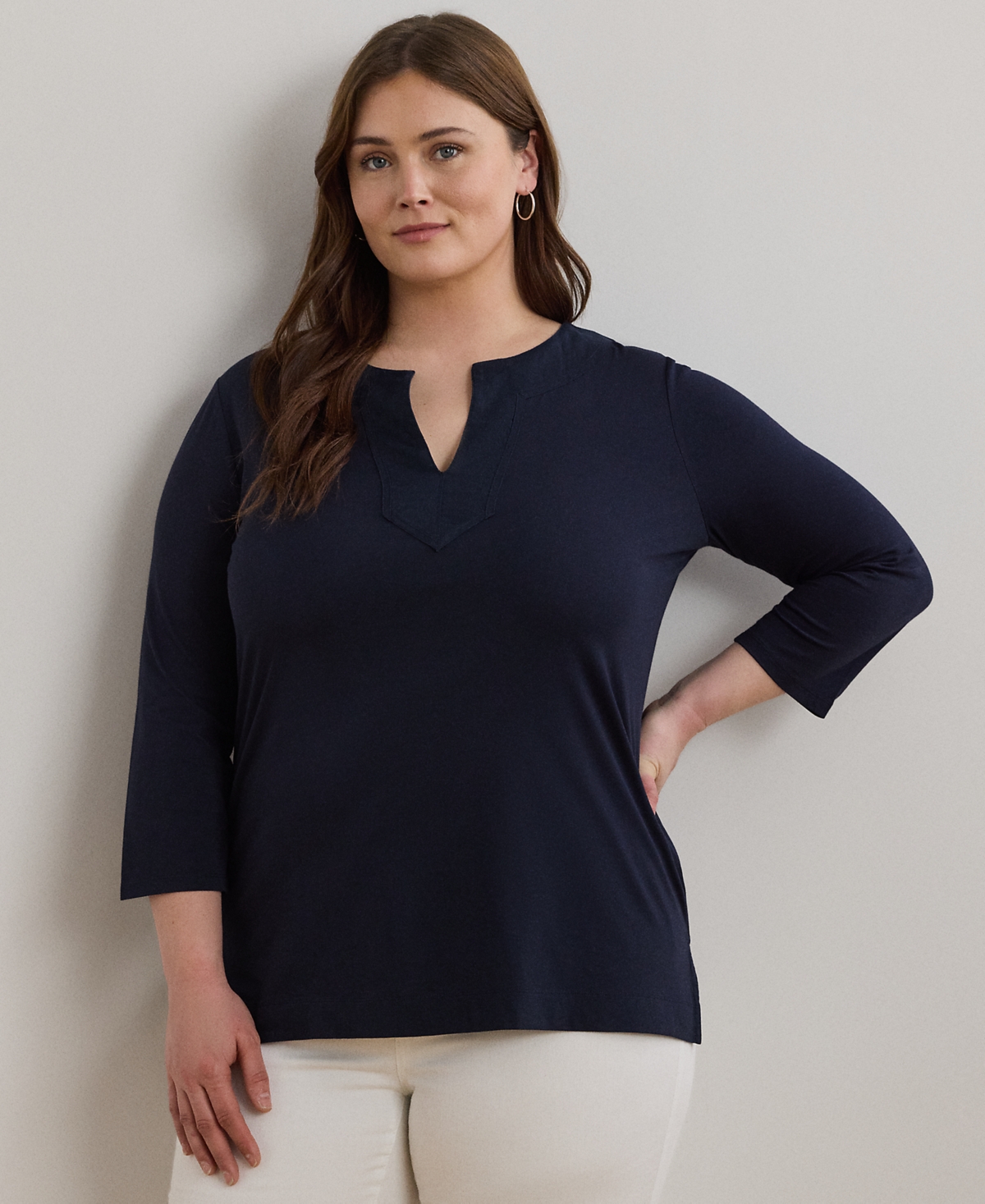 Plus Size Cotton Jersey Three-Quarter-Sleeve Tunic - Lauren Navy