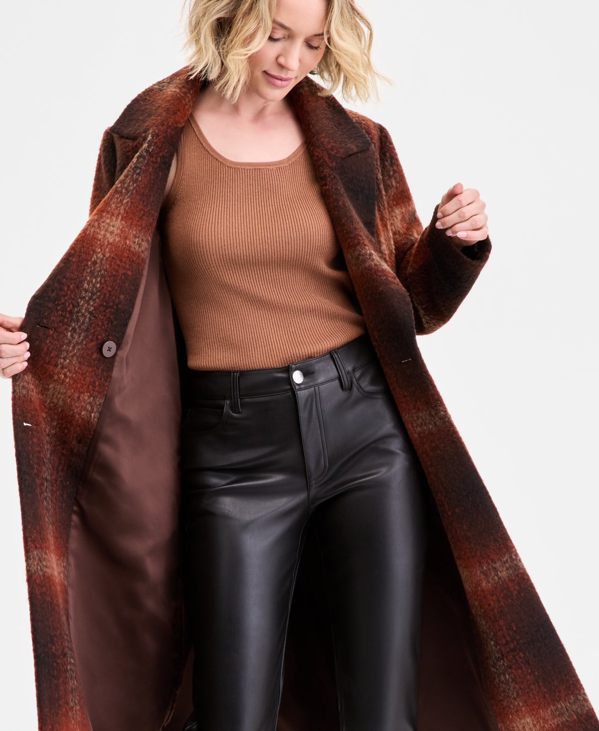Bcbg Women's Double-breasted Plaid Coat In Brown