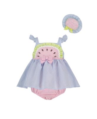 Blueberi Boulevard Baby Girls Multi Seersucker Watermelon Sunsuit and Hat Set