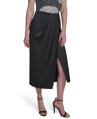 Halston - Women's Twill Satin Faux-Wrap Midi Skirt