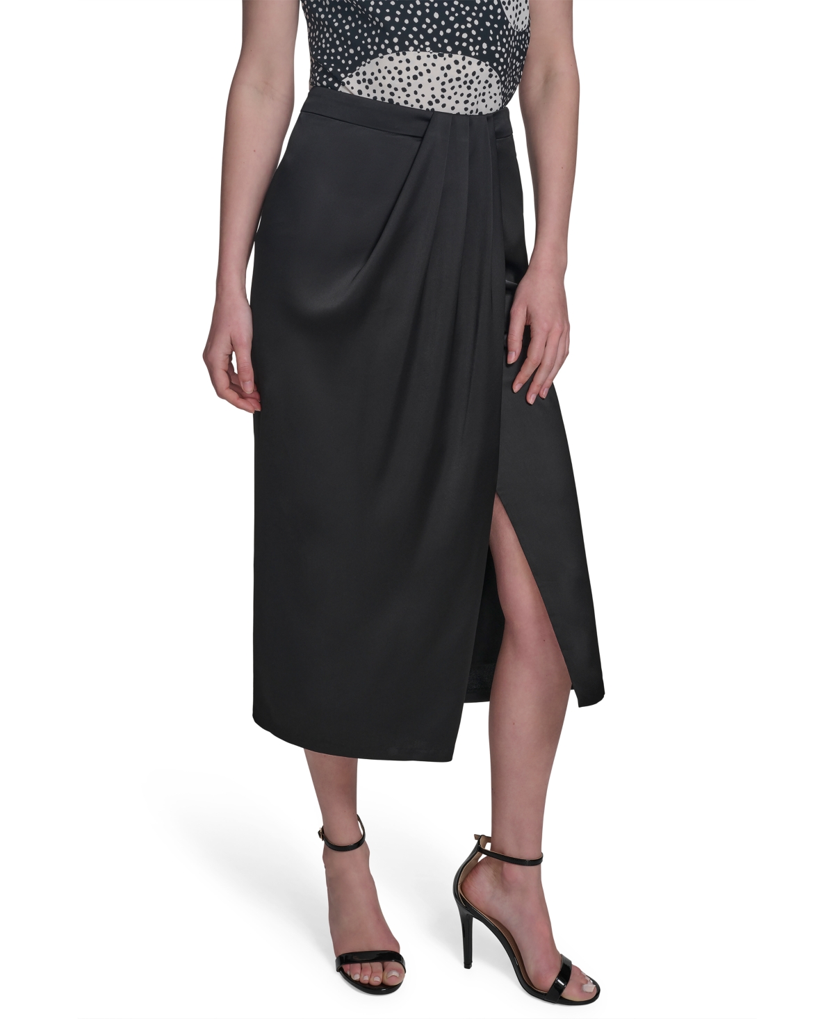 Women's Twill Satin Faux-Wrap Midi Skirt - Black