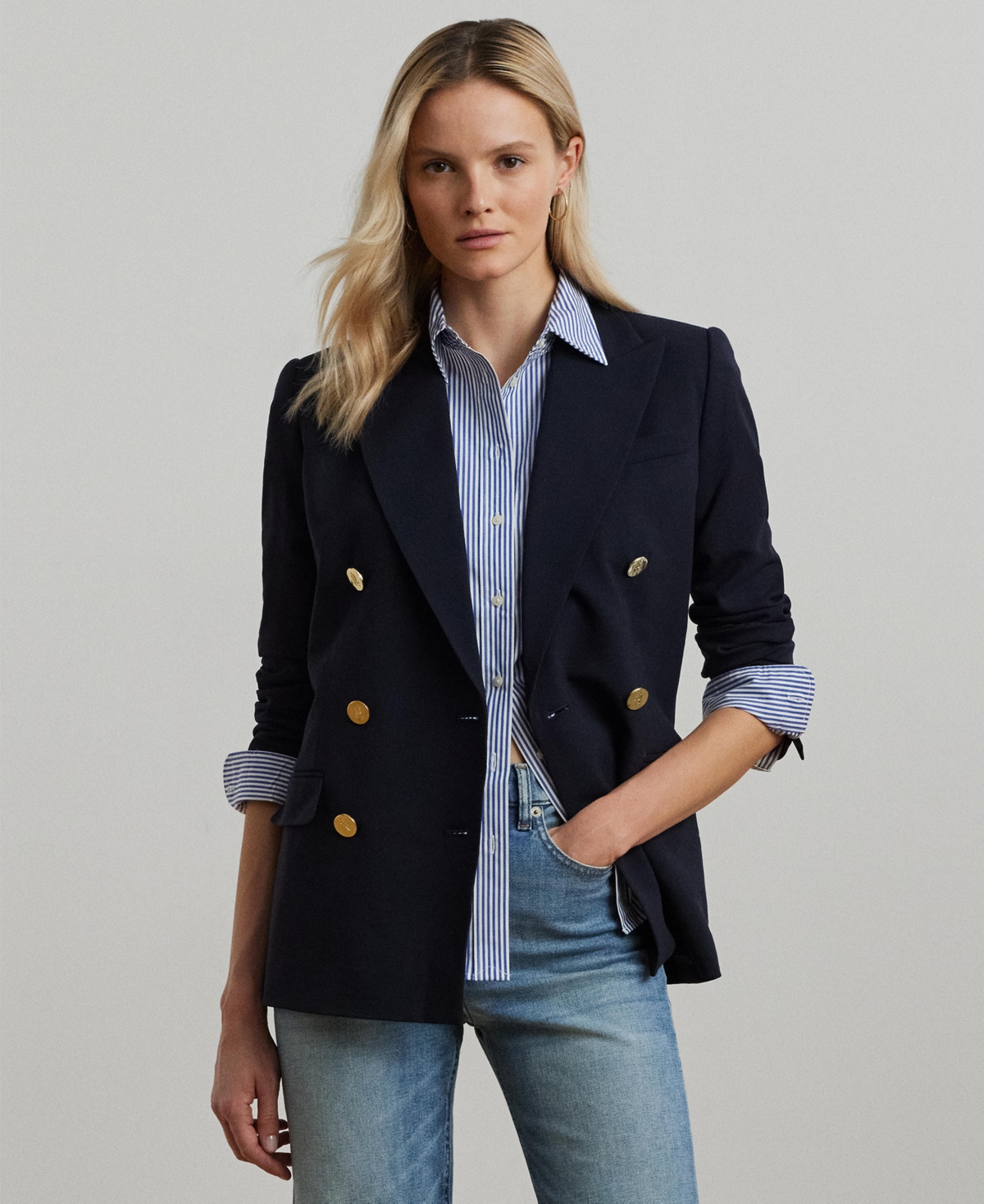 Women's Double-Breasted Wool Crepe Blazer - Polo Black