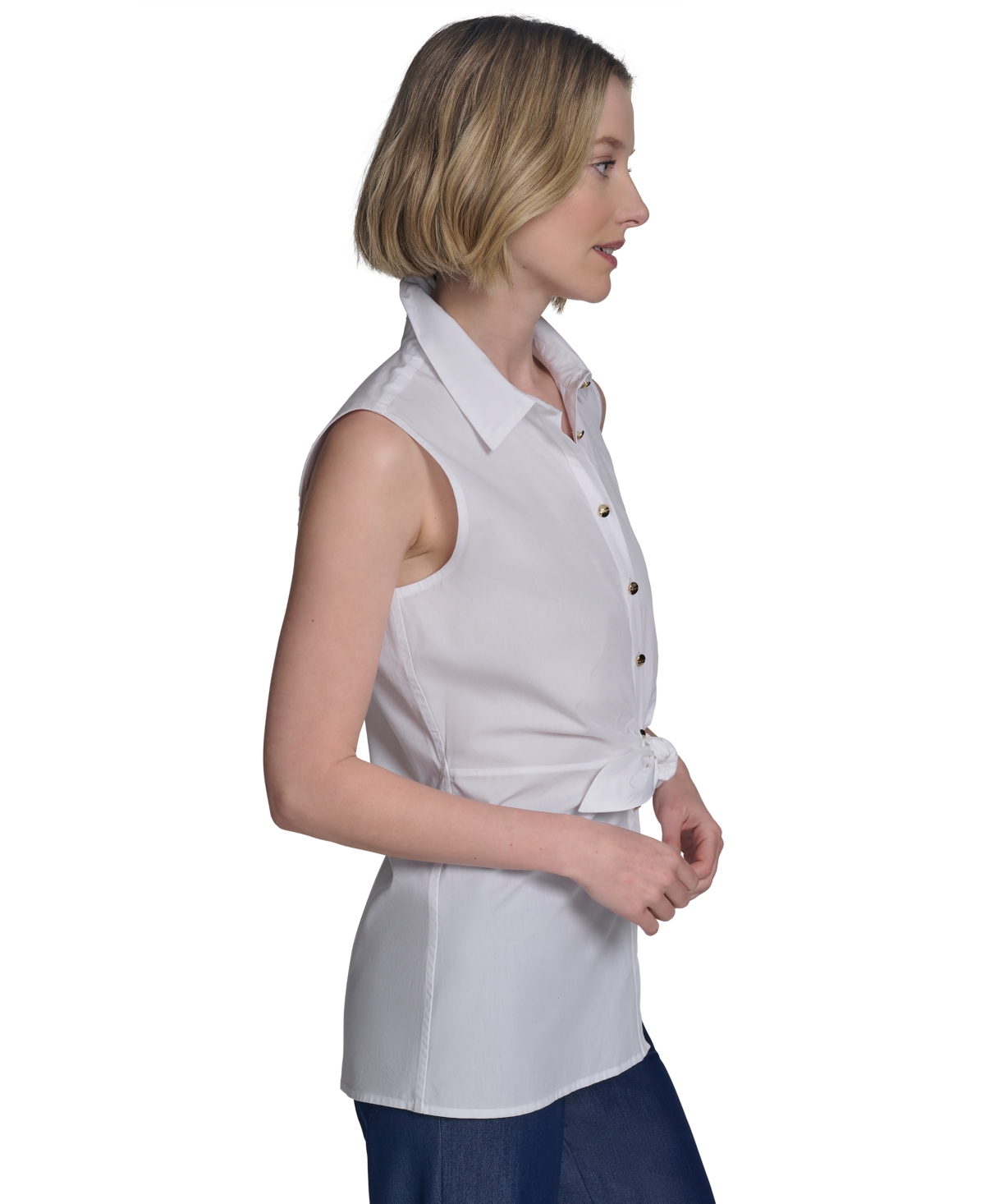 HALSTON WOMEN'S COTTON TIE-WAIST BUTTON-FRONT SLEEVELESS BLOUSE 