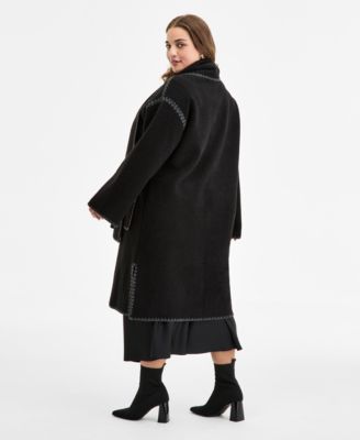 Plus Size Button-Front Edge-Stitch Scarf Coat