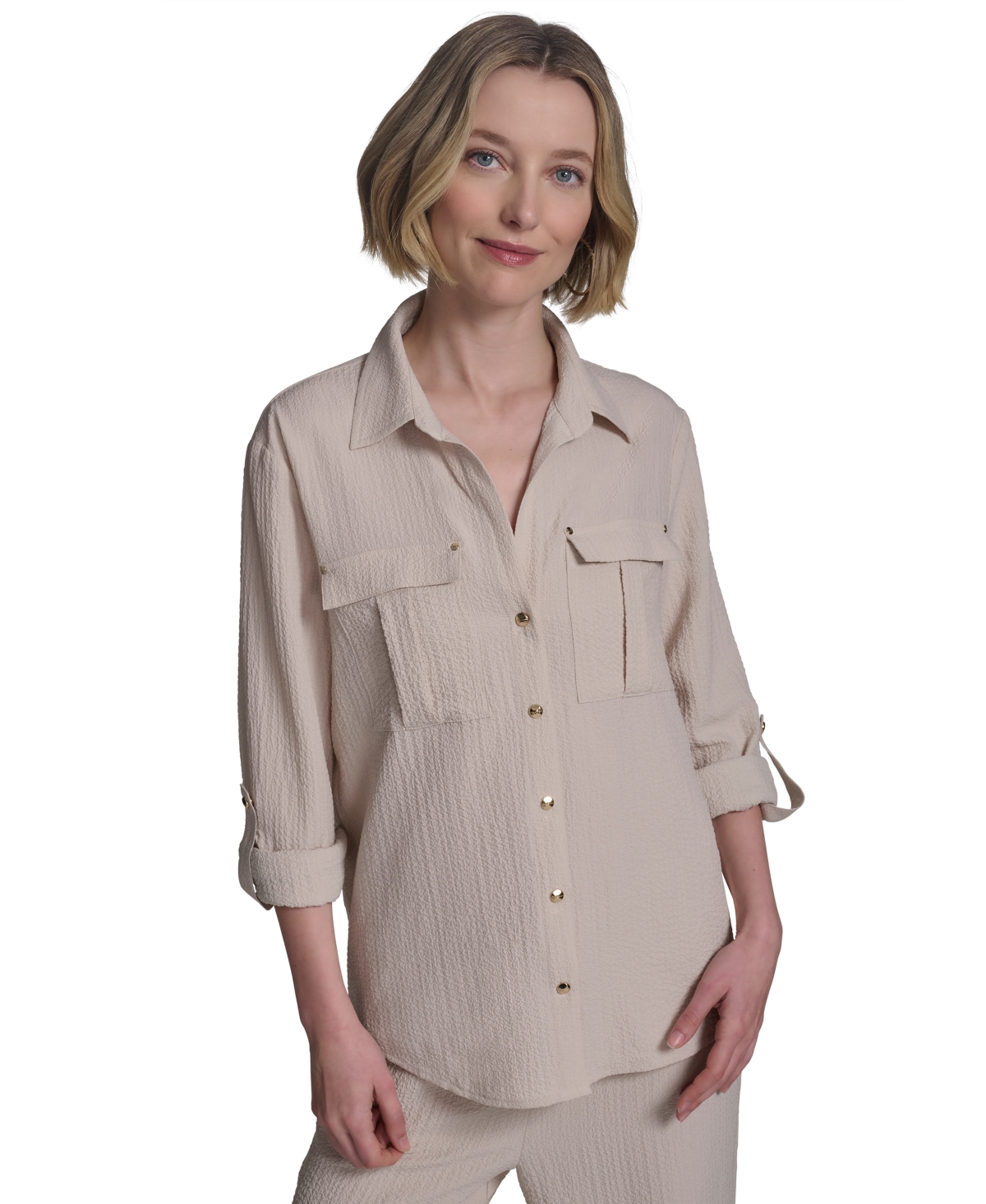 HALSTON WOMEN'S COLLARED ROLL-TAB BUTTON-UP SHIRT 