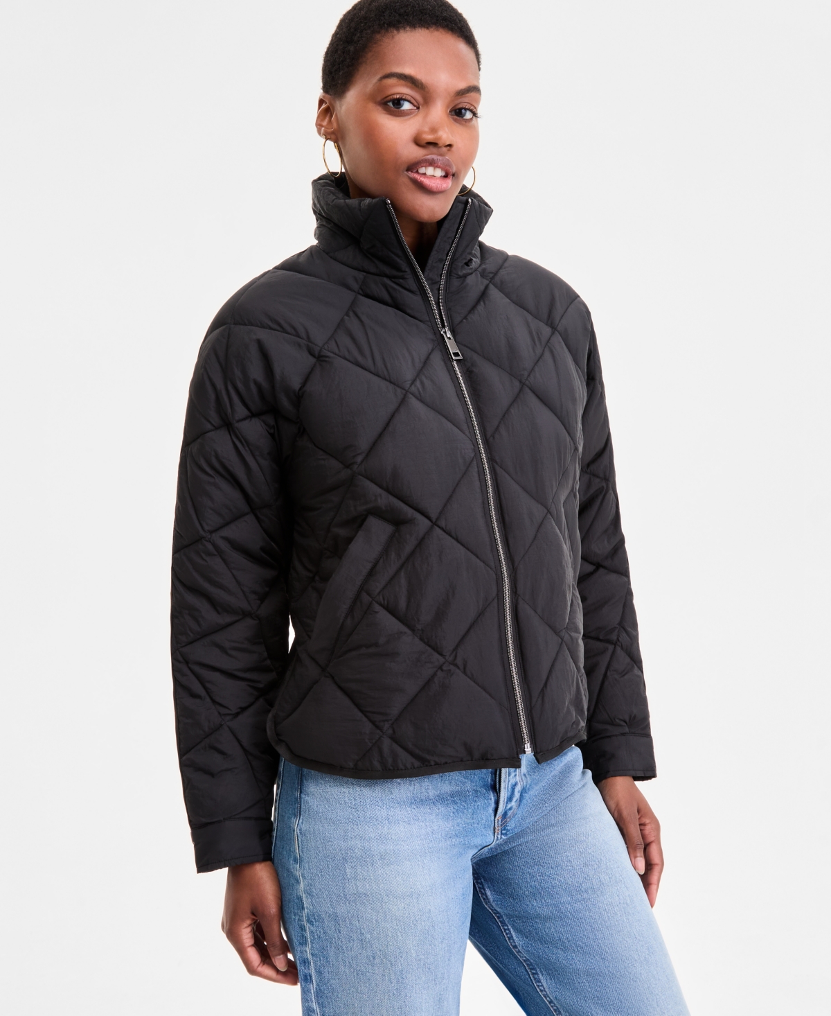 Bcbgmaxazria Women's Cropped Diamond Quilted A-line Jacket, Exclusively At Macy's In Black