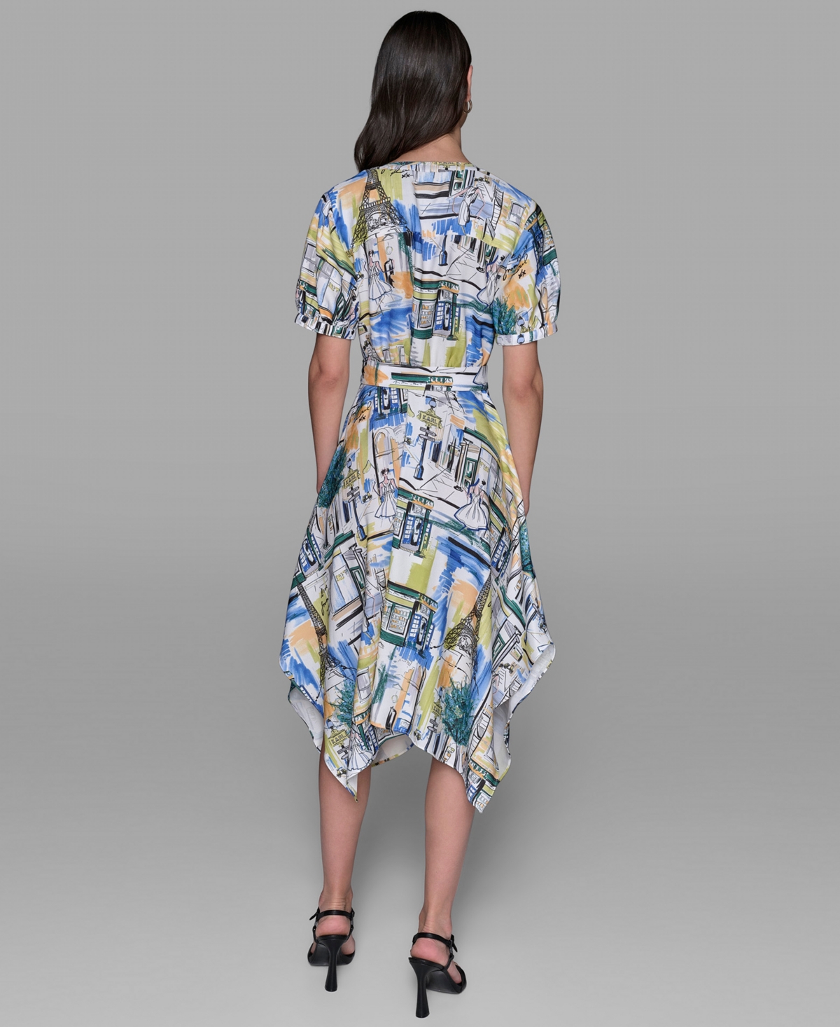 Karl Lagerfeld Women's Printed Paris Scene Belted High-low Shirtdress In Multi