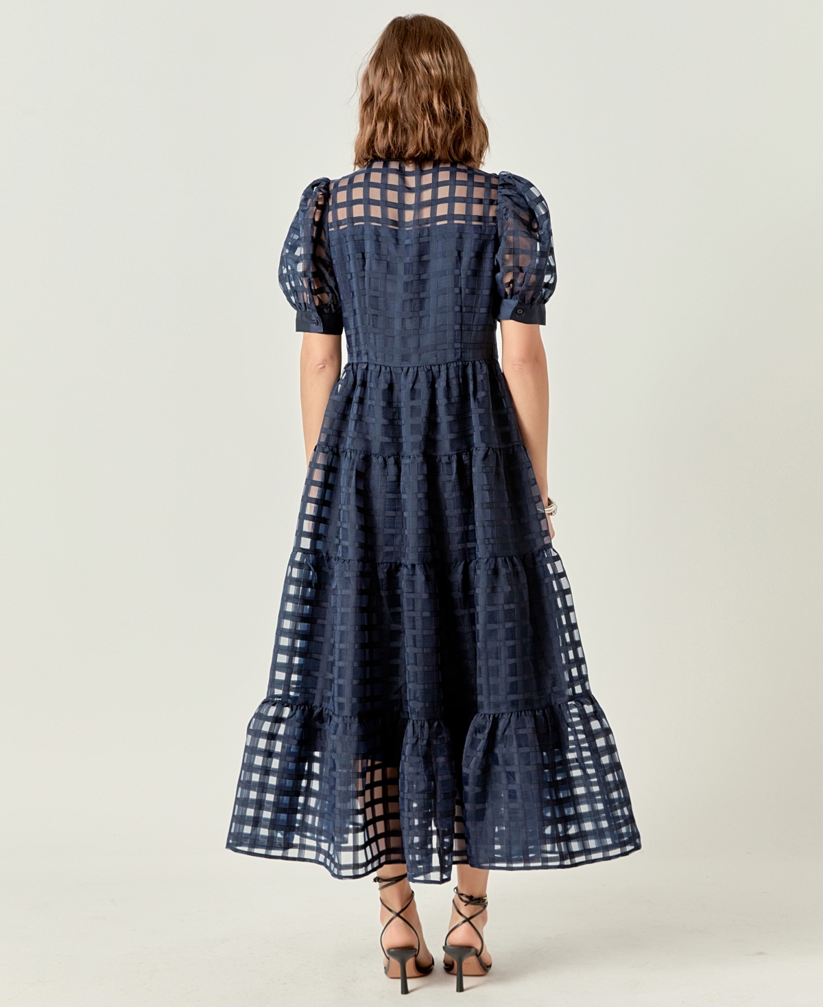 ENGLISH FACTORY WOMEN'S GRIDDED ORGANZA TIERED MAXI DRESS 