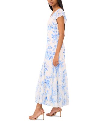 Women's Printed V-Neck Flutter-Sleeve Chiffon Dress