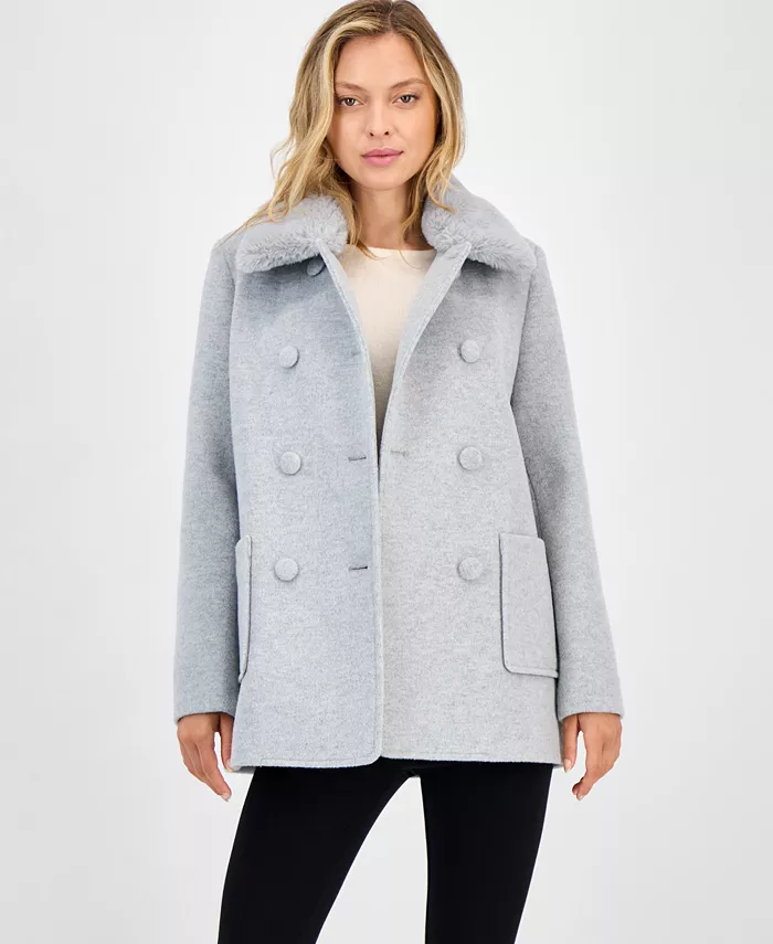 Women's Double-Breasted Faux Fur Collar Coat - thumbnail 3