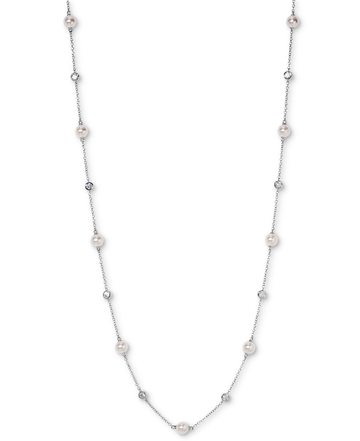 Silver-Tone Imitation Pearl & Cubic Zirconia Bezel Station Necklace, 16" + 2" extender, Exclusively at Macy's - Silver