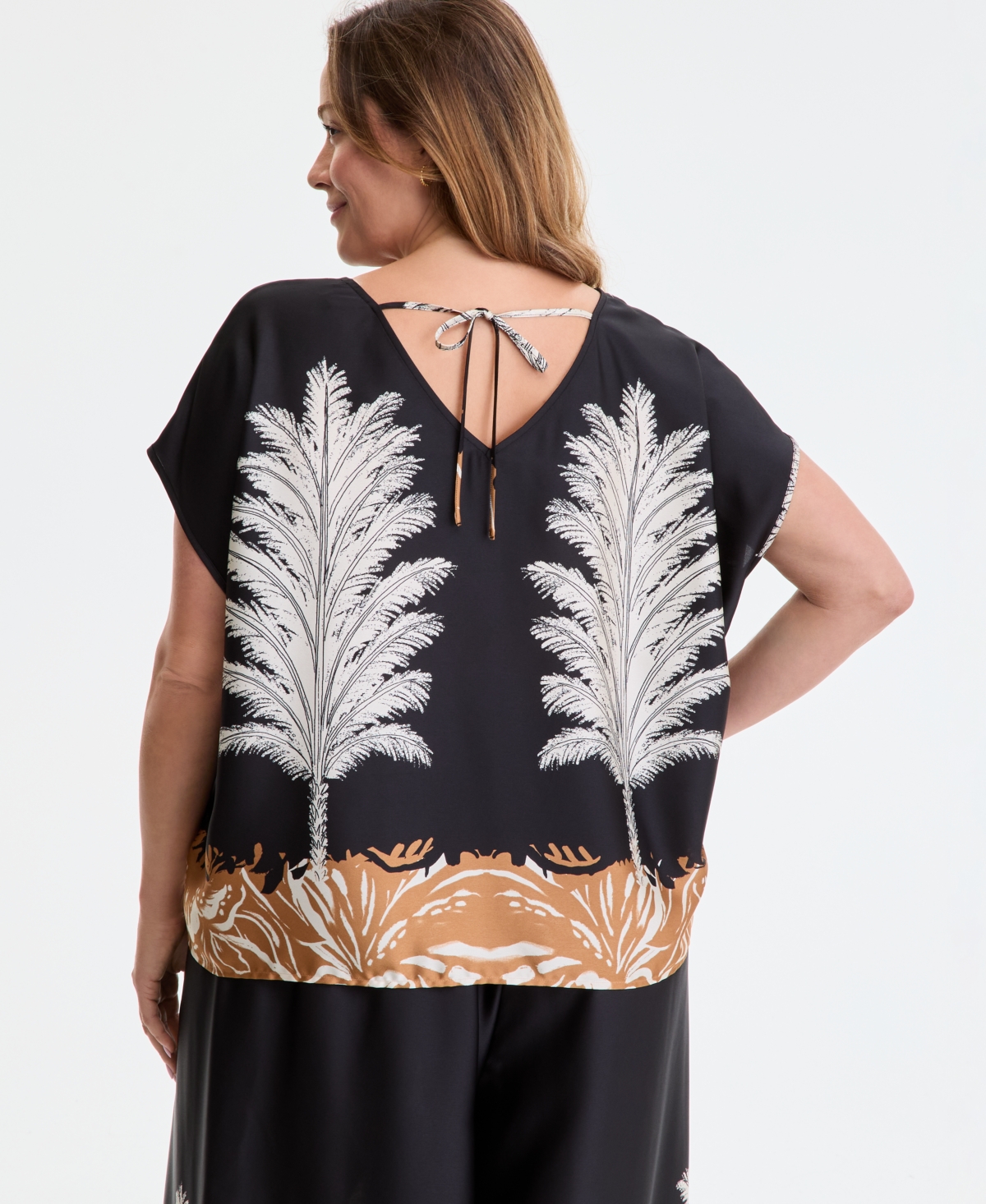 Vince Camuto Plus Size Placed-print Boat-neck Caftan Blouse In Black