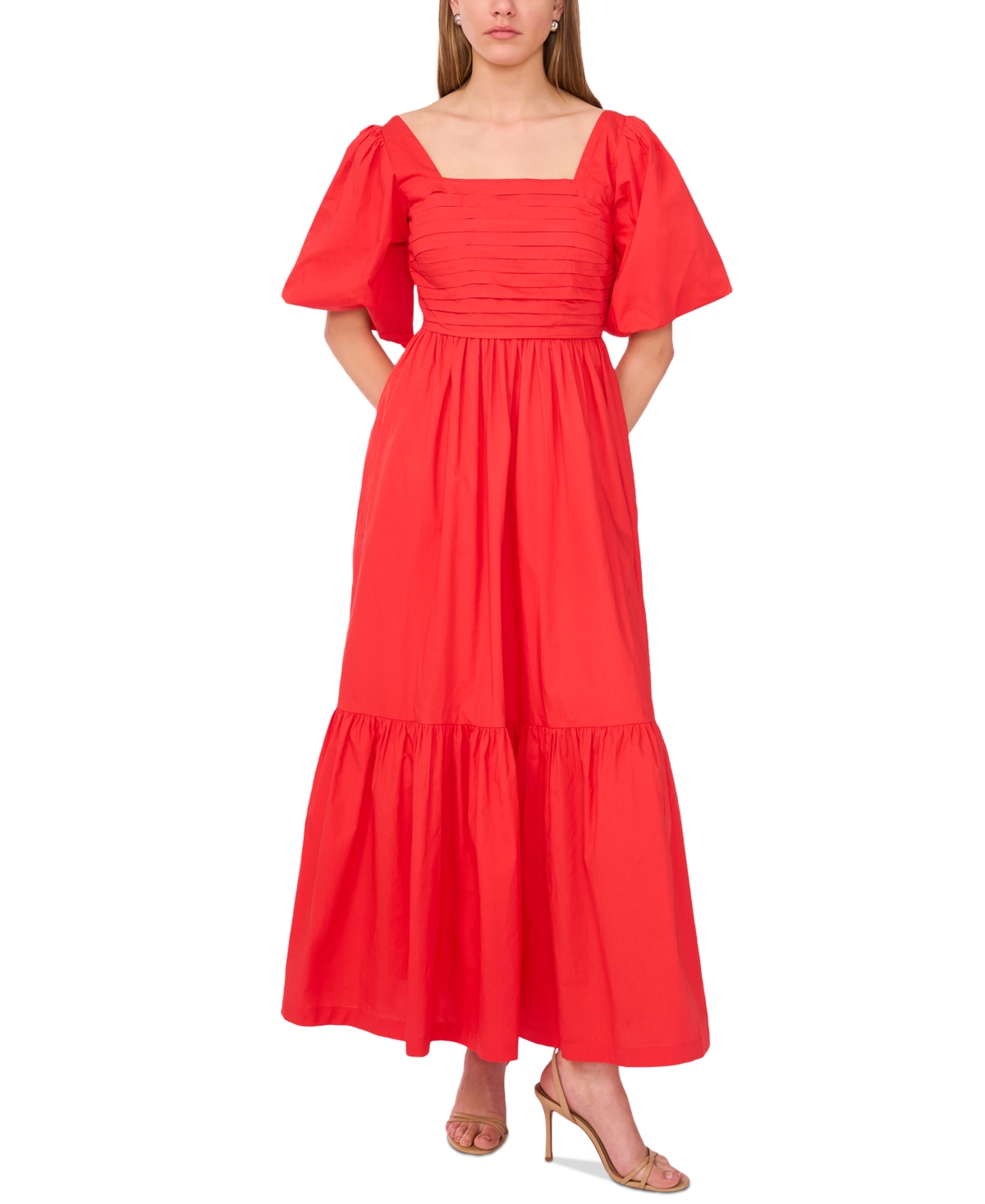 Women's Square-Neck Puff-Sleeve Tie-Back Maxi Dress - Deep Rouge
