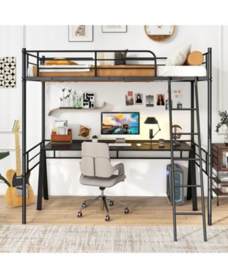 Twin Size Loft Bed Metal Bed Frame with Ladder and Guardrails