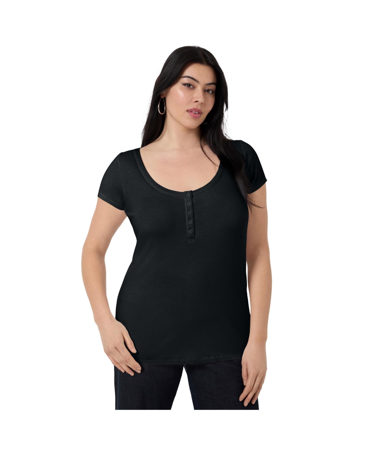 Plus Size June + Vie Ribbed Henley Top - Heather grey