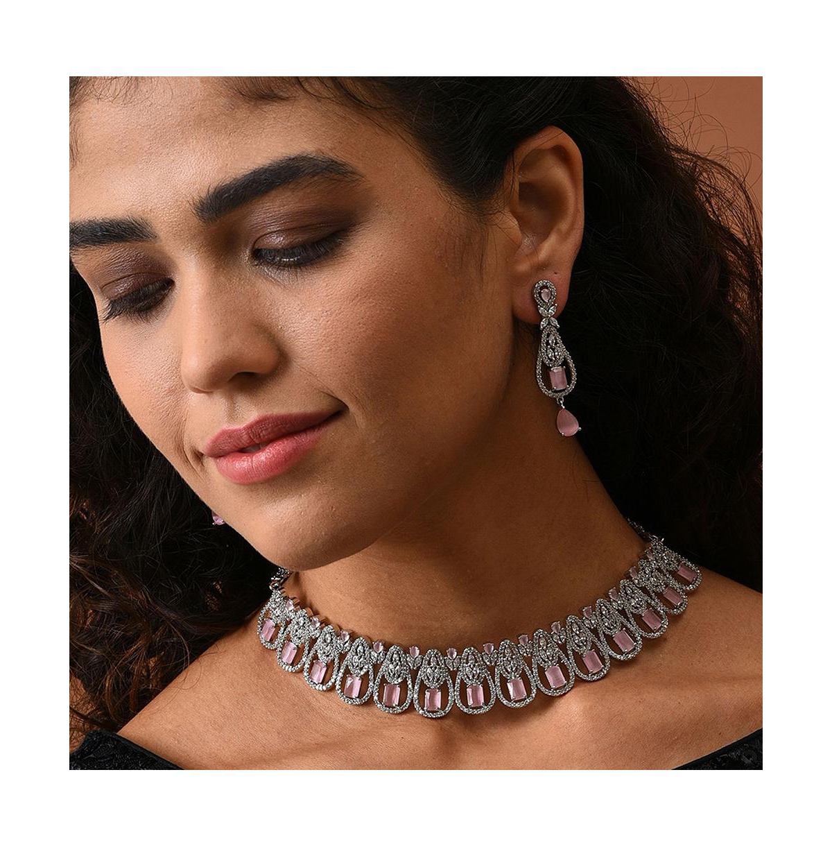 Sohi Women's Silver Plated Designer Jewellery Set In Pink