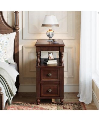 Solid Wood Nightstand with 2 Drawers, Mid-Century Modern Night Stand with Open Shelf, Vintage Bedside Table for Bedroom, Easy to Assemble (Dark Cherry Wood Color)