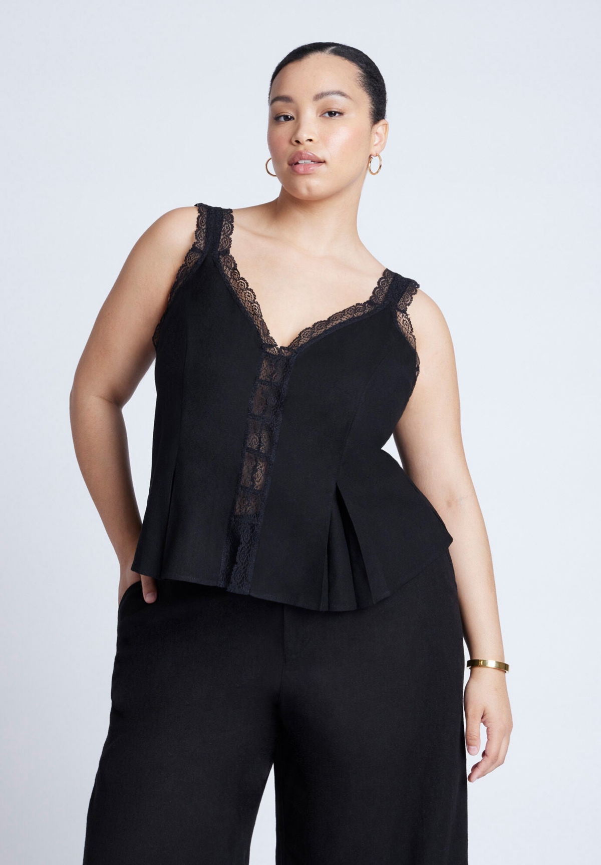 Plus Size Lace Detail V-Neck Top - Black onyx