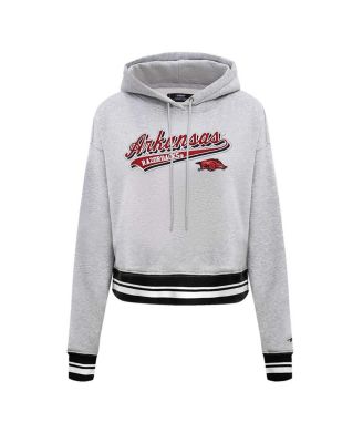 Women's Heather Gray Arkansas Razorbacks Script Tail Fleece Cropped Pullover Hoodie