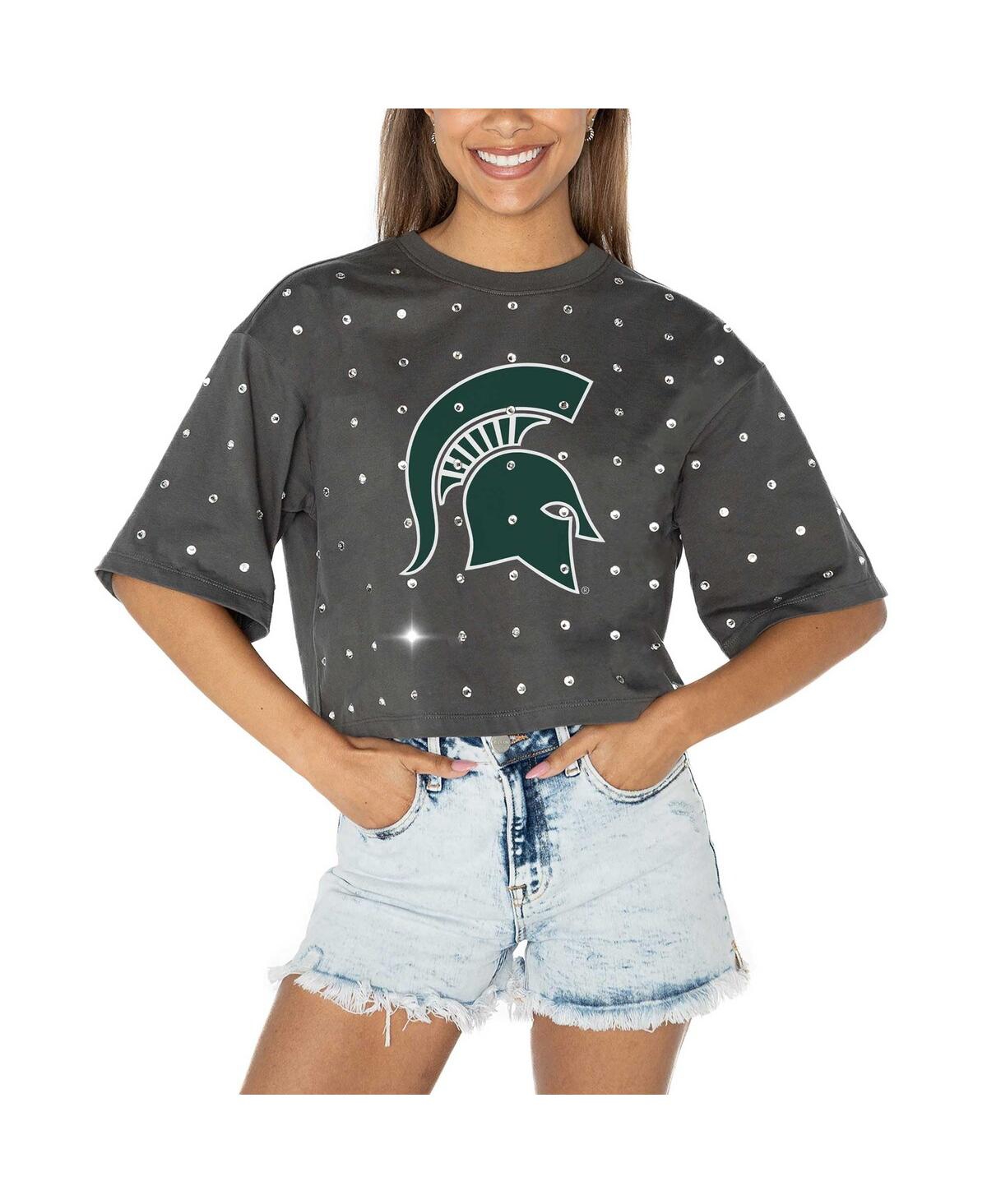 Women's Gray Michigan State Spartans Go Time Rhinestone Crop T-Shirt - Gray