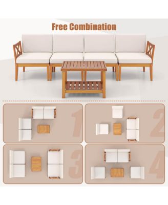 5 PCS Acacia Wood Patio Furniture Set with Cushions and 2-Tier Coffee Table
