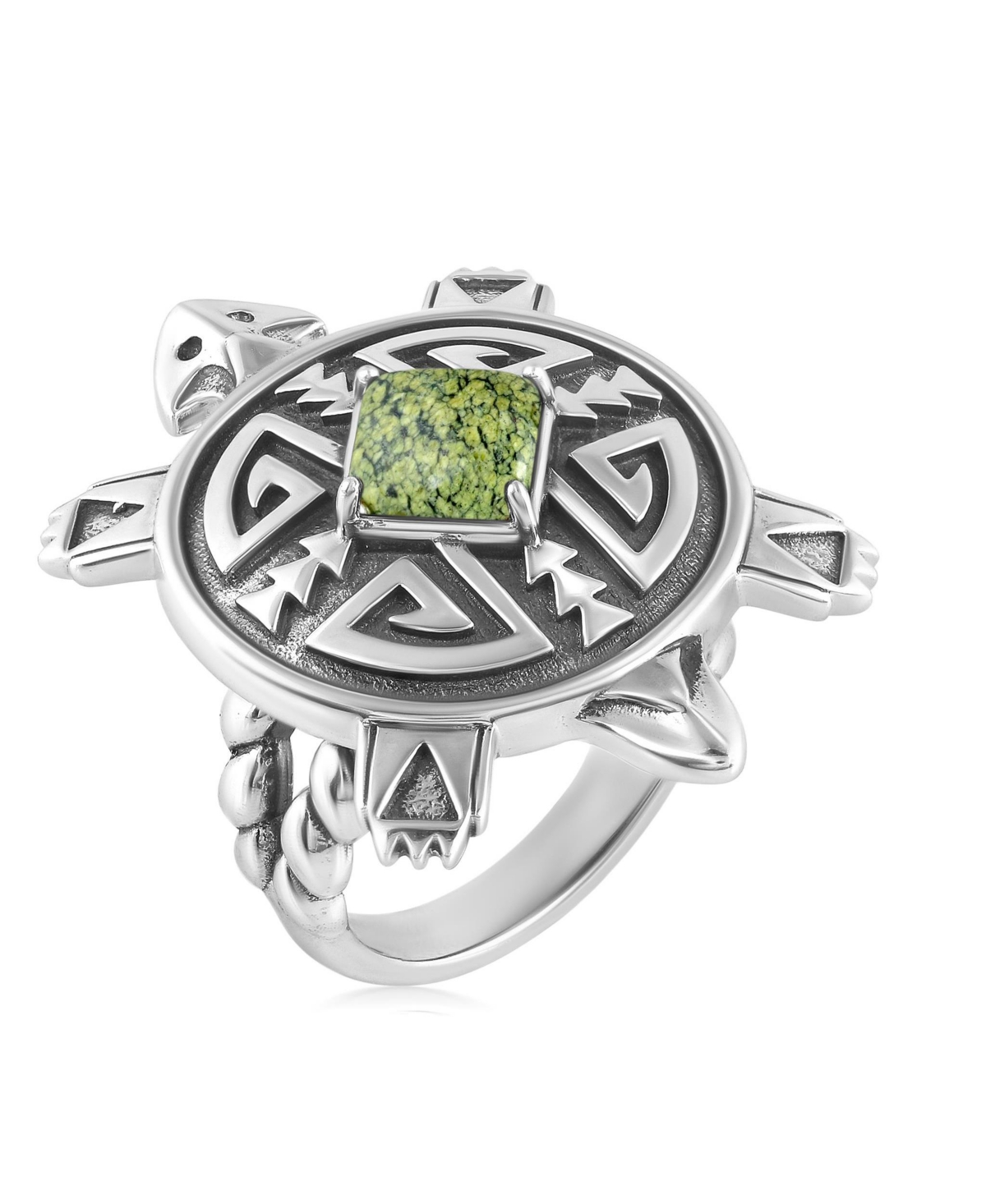 Sterling Silver Green Serpentine Fritz Casuse Split Shank Turtle Ring, Size 11