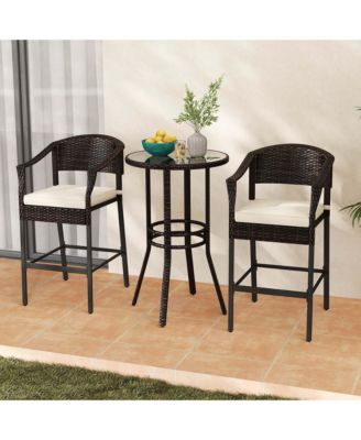 3 Pc Wicker Tempered Glass Patio Bar Set with Armchairs & Round Table