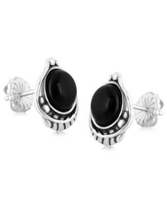 Sterling Silver Black Onyx Leaf Design Button Earrings