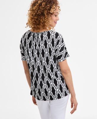 Women's Printed Pleat Neck Short-Sleeve Top, Exclusively at Macy's