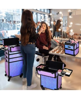 Rolling Makeup Train Case 3-Piece Cosmetic Organizer Kit Trolley Organizer Lockable with Wheels for Makeup Artist, Mermaid Black