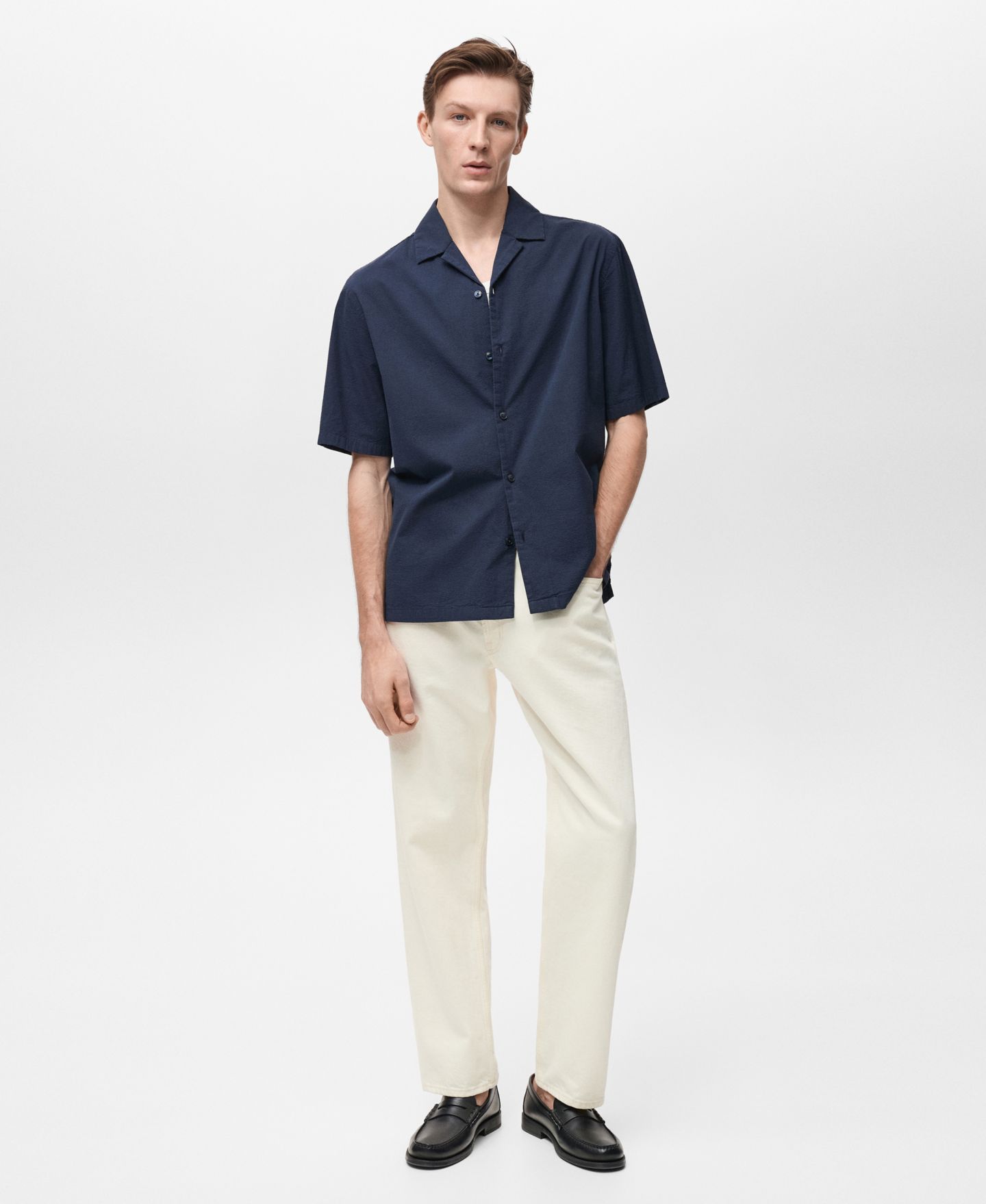 Мужская рубашка Mango Textured Bowling Collar, цвет: Тёмный тёмно-синий — фото 2