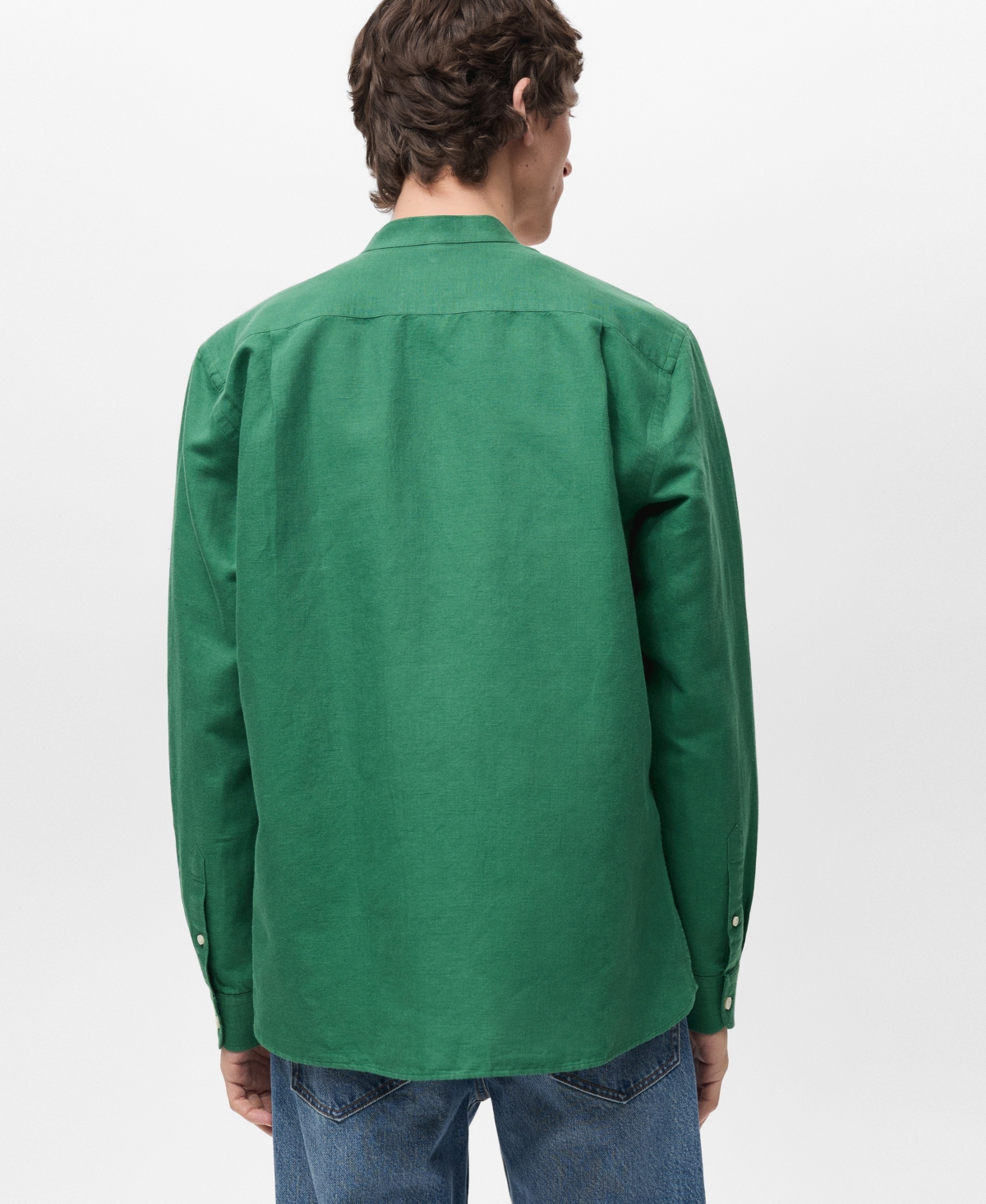 Mango Band Collar Linen Blend Button-up Shirt In Green