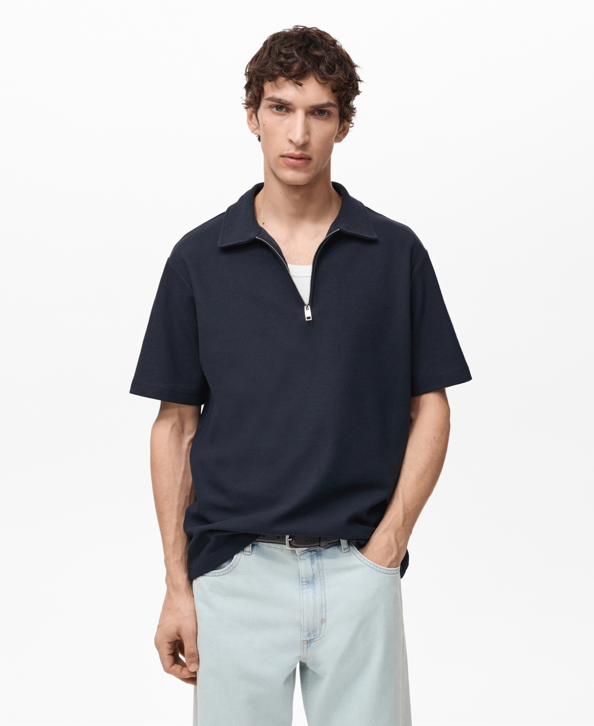 Men's Structured Zip Collar Polo Shirt - Beige