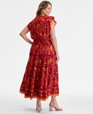 Plus Size Printed Smocked-Waist Flutter-Sleeve Maxi Dress