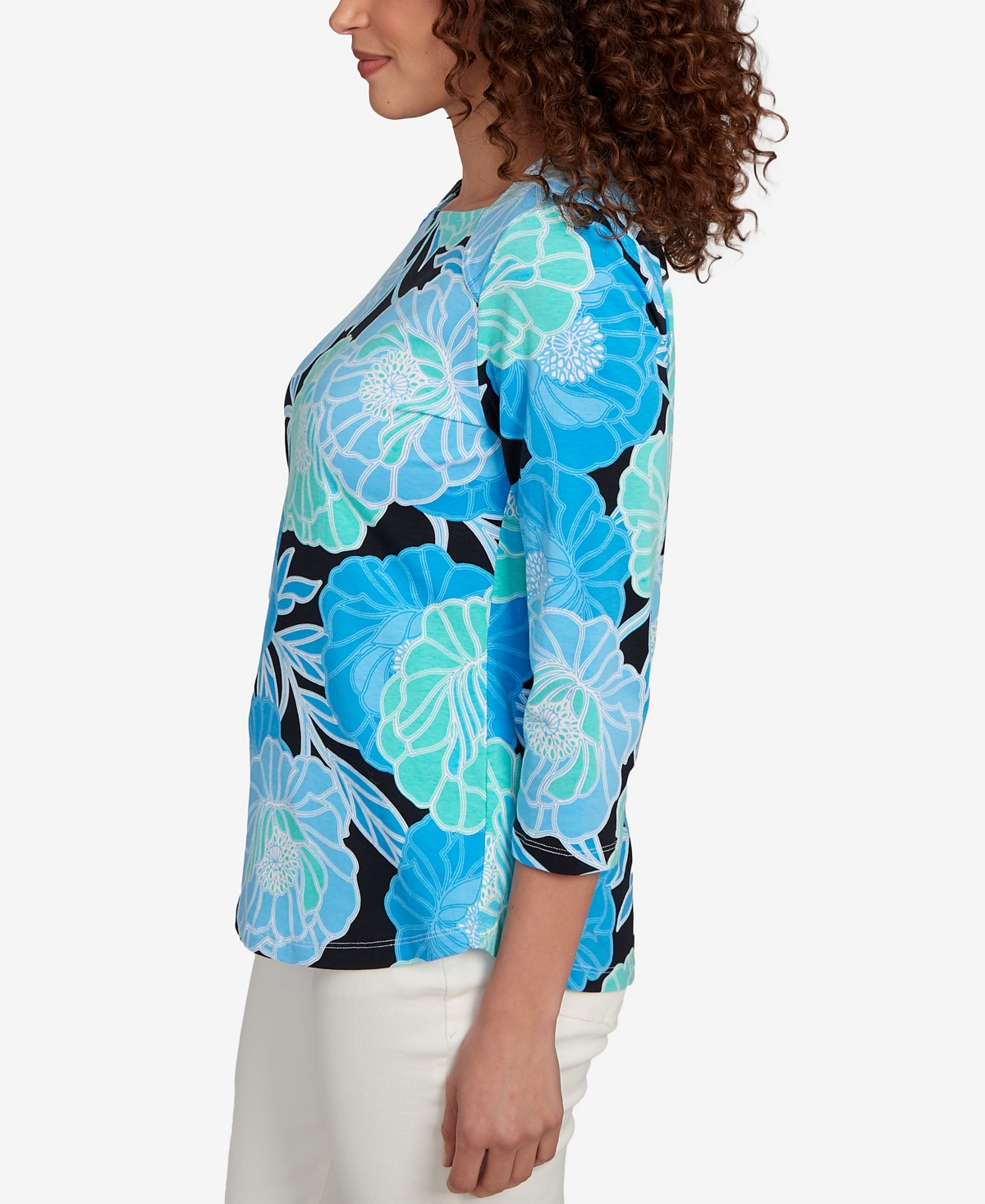 Ruby Rd. Petite Bold Poppies Envelope Neck Top In Blue